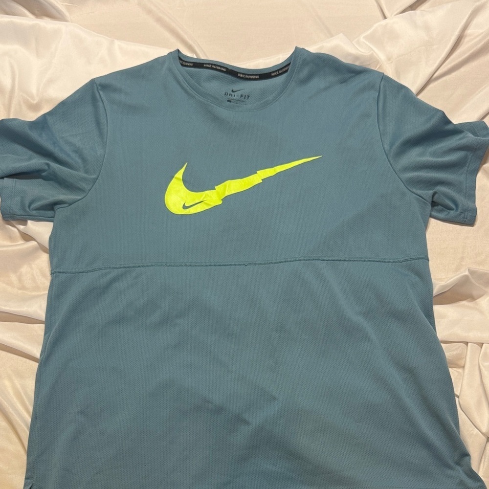 Nike Men's Teal Short-Sleeve Dri-FIT Tee with Neon Yellow Swoosh